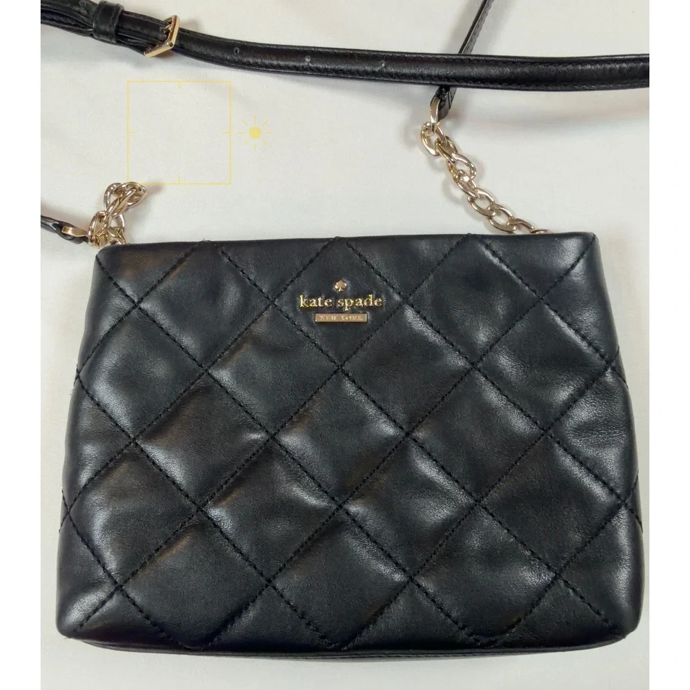 Kate Spade New York Emerson Place Black Quilted Leather Bag Gold Chain Strap